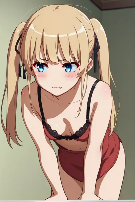 1girl,Eriri blonde hair,blue eyes,sawamura spencer eriri,long hair, small breast, twintails,black ribbon, fang,     High Resolution, Masterpiece, High Quality,  anime screencap,  dynamic angle, takeda hiromitsu style,       shy, looking away, black-red lin...