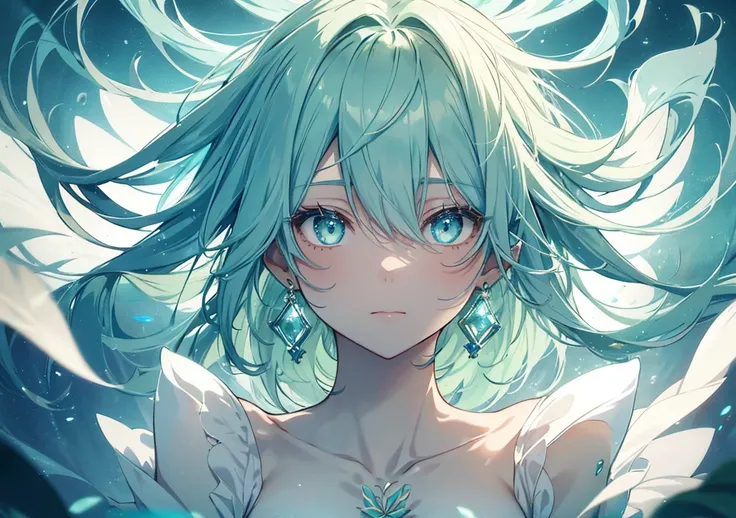 A close-up of a girl with light blue-green hair and soft, glowing eyes, gently closed in meditation. She is surrounded by an ethereal aura, with soft, glowing light reflecting off her earrings, creating a sense of inner peace. The background is serene, wit...