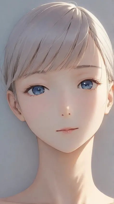 (short  hair:1.3), tousled light gray hair with a faint bluish tint, beautiful detailed face, natural posing, relaxed expression, serene and gentle smile,  sharp line art, flat shading, cinematic lighting, simple solid background, (perfect anatomy:1.3). (f...