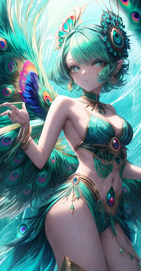  peacock girl with turquoise eyes, turquoise square ,  with peacock wings and tail,  as well as wings behind her ears .  in carnival and open clothes .