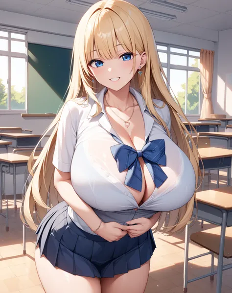 score_9, score_8_up, score_7_up, source_anime, 1girl, huge breasts, large breasts, curvy, voluptuous, blonde hair (straight bangs), blue eyes, long hair, high school female uniform, short school skirt, ribbon, earrings, necklace, smile, standing, classroom...