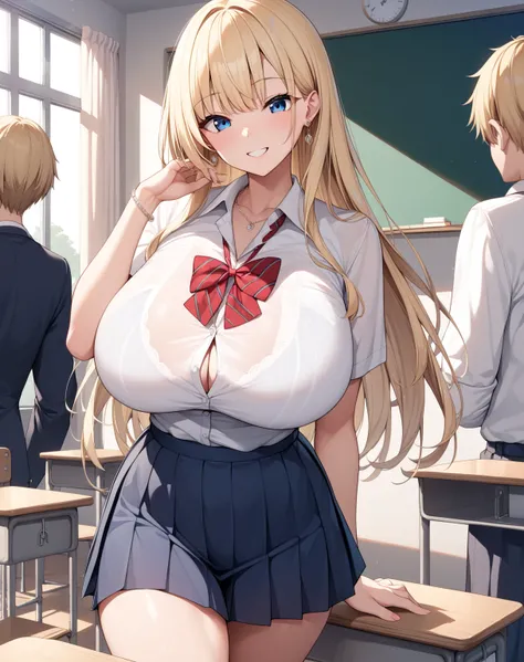 score_9, score_8_up, score_7_up, source_anime, 1girl, huge breasts, large breasts, curvy, voluptuous, blonde hair (straight bangs), blue eyes, long hair, high school female uniform, short school skirt, ribbon, earrings, necklace, smile, standing, classroom...