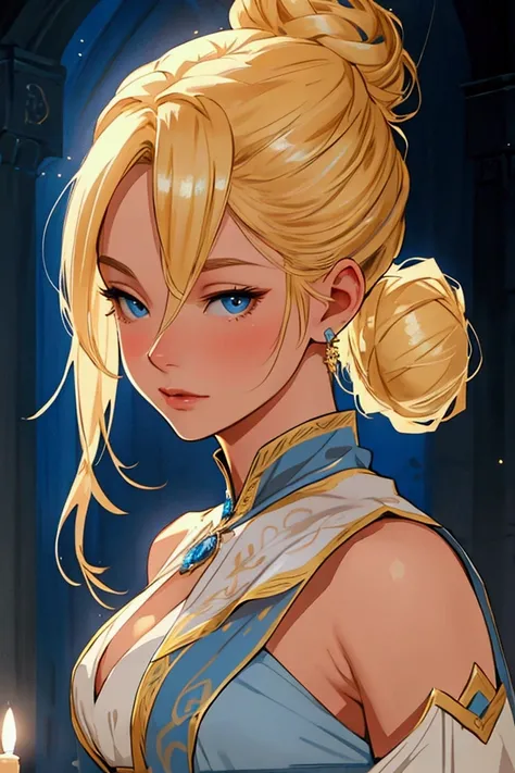 adult woman. blonde. Medieval blue dress with white and gold details. Hair with bun. 