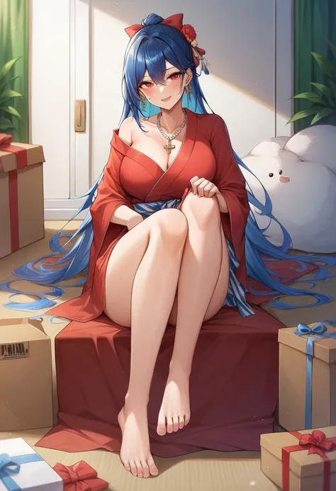 Imagine a beautiful adult european girl with long blue hair tied in a traditional way, Beautiful and realistic face, in red yukata dress, Barefoot, cold look, with earrings and necklace, that is covered in plastic, with a gift bow on her head, sitting insi...