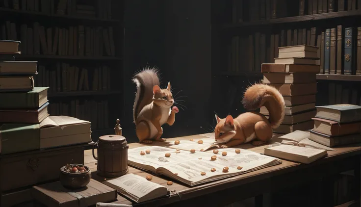The main characters room , The room is littered with scrolls , open books and crumbs on the study table , because some people are not used to keeping order, squirrels are running everywhere , dark fantasy masterpiece, best quality, amazing quality, ve...