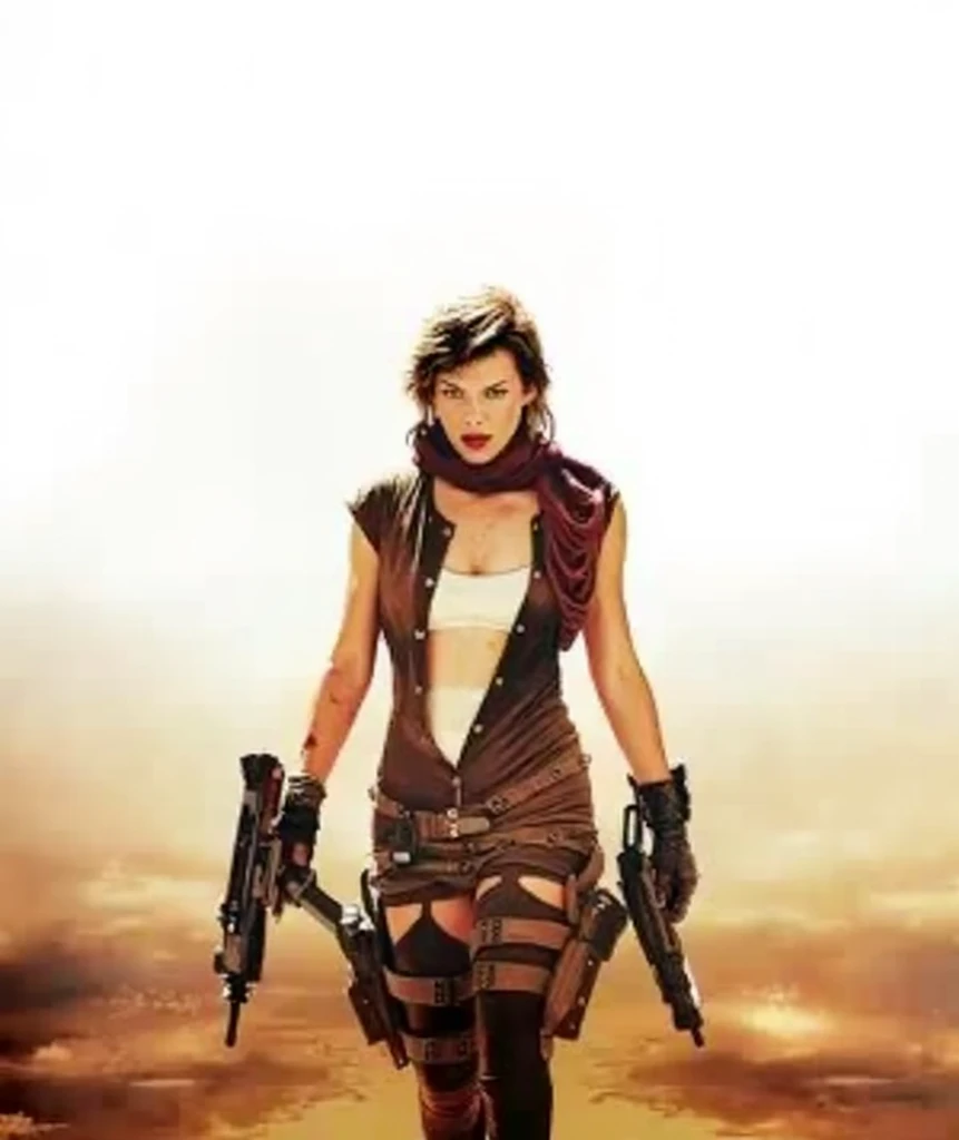  Realistic image from behind of Milla Jovovich standing injured on her back, full body short blond hair badly cut,  rotated and dirty boots ,  black gun harness on her back , Rotated suit , short lingerie,  machete in one hand and gun in the other ,  third...