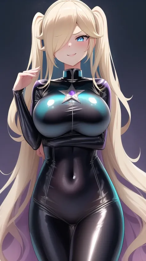   erotic 、Rosalina、 blonde twin tail voluminous、Big Breasts, Alone,  Black and Light Blue Latex Swimsuit　Hydra Suit,  Purple Wicked Background 、  top quality,  detailed face ,  detailed eyes on board,  high definition ,、 Evil Evil Female Executive、Glare、sm...