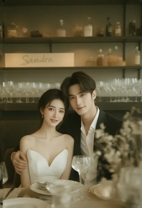 "A realistic photo of a cool and handsome young Asian actor and a beautiful 25-year-old Asian actress. Both are dressed in stylish and fashionable semi-formal outfits, sitting together at a restaurant table, smiling warmly. The background features shelves ...