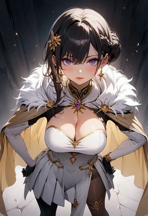 (masterpiece),(best quality),(ultra-detailed),(best illustration),(best shadow),(detailed background), 1girl, breasts, cape, gold-trim, dress, standing, high-heels, hand-on-own-hip, asymmetrical-legwear, black-hair, pantyhose, cleavage, white-dress, asymme...