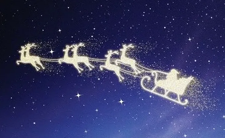 A magical silhouette of Santa Claus and his sleigh pulled by all 9 reindeer, appearing to be made entirely from sparkling starlight and shimmering golden magical light. The silhouettes are glowing softly against a deep, starry night sky with subtle shades ...