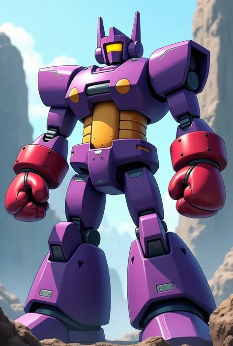 Anime styled, Purple muscular robot with a square head and one vertical yellow eye. With a circular yellow core on its chest and marks of grey metal on the join regions. Also a square shaped hat on top of the robots head with antennas on it. And the robot ...