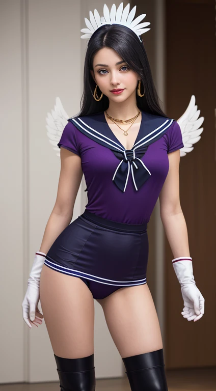 Ultramicroscopic photography,  high image quality,  Super Detailed CG Unity 8K Wallpaper ,   complex details, (1 female), 18 years old,  amazingly straight purple black hair : 1.4, panties？？(sama1, hull , Sailor Warriors,  white gloves,  marine red color ,...