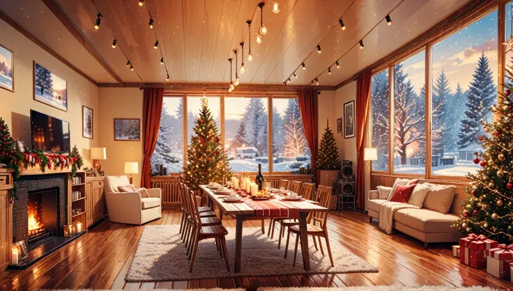 cozy interior for Christmas, warm tone, RAW, 8K, photographs ,Christmas, wooden floor, dining room, Christmas tree, cinema, extra detailed, best quality, wide lens