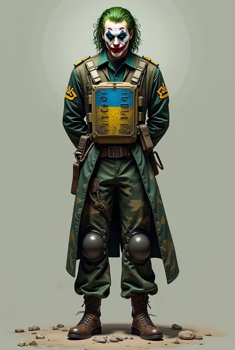 The Joker is dressed in army clothes, a bulletproof vest, knee pads, hands behind his back, a Ukrainian chevron on his shoulder, and the coat of arms of Ukraine.