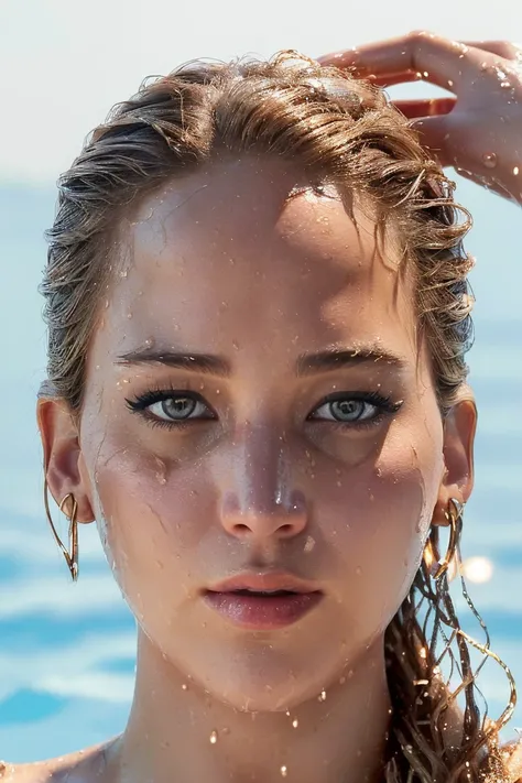 jl4w, ultra realistic, (detailed face, detailed skin, tan lines from bikini on her body, wet body), (correct eyes, detailed eyes), (beautiful makeup), ((jl4w is naked, naked breasts, naked pussy)), (wearing golden earrings), perfect lighting, sunny day, ne...