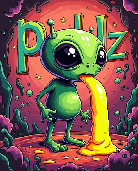 2D Illustration ,  4 degrees overall color scheme, cute green one-eyed alien, big head , pretty eyes , obese,  vomiting , Vintage poster, Disney, Ghibli, Cuteness, Chubby ,  The title PICKLZ is written on the background  ,  The title is graffiti-style  , H...