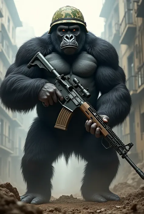 Mascot of a military gorilla with a rifle in his hand and do it with a helmet 