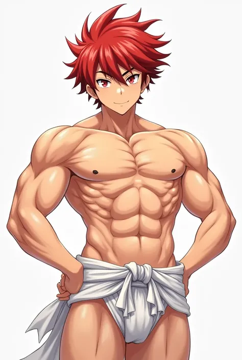  The character is a young anime man with an extremely muscular physique,  where his well-defined and toned body stands out ,  evidencing the muscles of his chest , arms and abdomen .  He wears a traditional white fundoshi ,  that attaches to the waist and ...