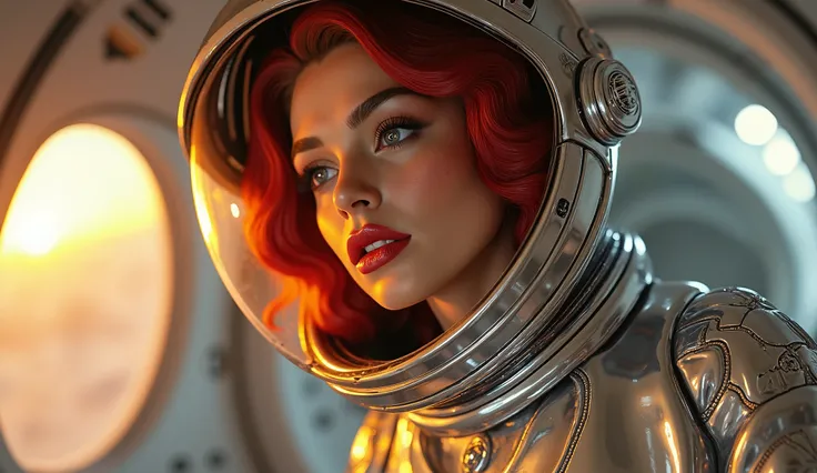 Ultra-detailed scene of a beautiful woman with vibrant red hair styled in soft curls, wearing a polished chrome astronaut helmet. Her lips are painted red, and her vintage silver suit reflects the golden light of a nearby star. She gazes into the distance ...