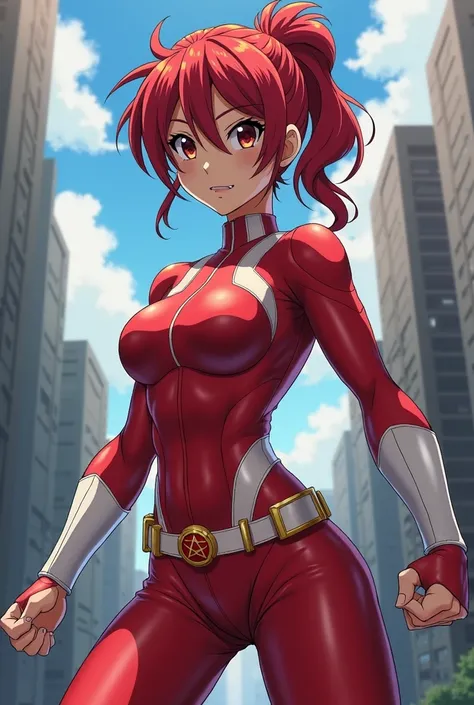  My Hero Academia Style ,   anime girl , woman, young woman ,  full body shot ,( Fighting Stance :1.3),Long Hair, Red Hair,   Brown Eyes , hero suit, Full Body Suit,  red suit with white details, perfect anatomy,  enhanced abs , super detailed,(building:1....