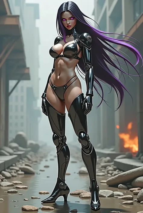 Concept art réaliste très sexy d’une androïde tueuse; présentation du personnage de la tête aux pieds; son ombre part de ses pieds; très longs cheveux noirs avec une mèche mauve très visible; corps parfait; musculature de danseuse; seins énormes et tombant...