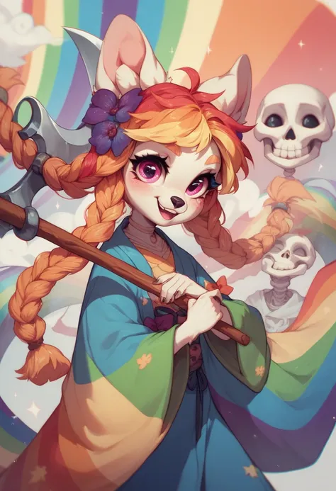 A cute anthro Skeleton with eye lashes rainbow locks and rainbow robe holding large rainbow scythe 