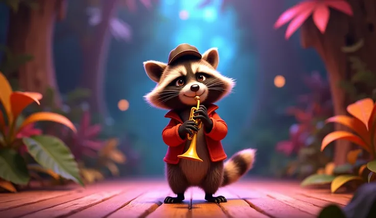 "3D Pixar style raccoon playing a trumpet, wearing a little jacket and a cap, on the same jungle stage with vibrant nature background, mischievous and fun-loving expression."