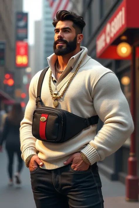  a kanack with Gucci fanny pack and goatee he is wide wears a flex .  fit Capi and has a cool style  (white sweater by Lacoste ) like a talahon he smiles and he has a very seductive smile he has no earrings and he wears a king chain 