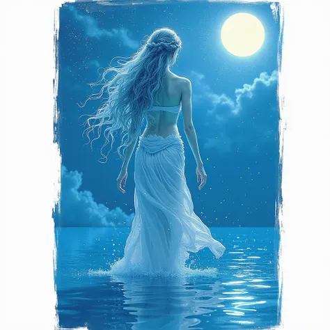 blue night woman naiad mystical on water back on moon