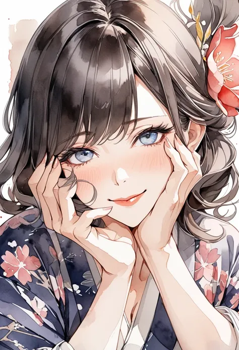  super high definition , detailed description,Watercolor, Line Art,beautiful 5fingers,beautiful hair,beautiful eyes,japanese wife,old milf,pursed mouth,hold your face,seductive smile,