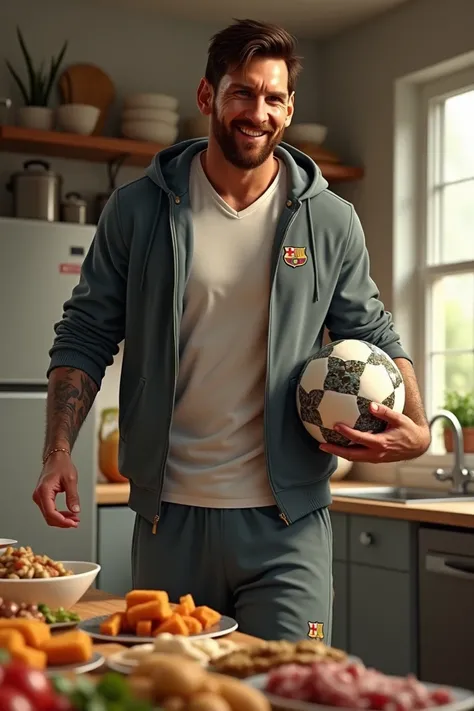 Lionel Messi walks into the same kitchen, raising an eyebrow and smirking. Hes wearing casual athleisure, holding a football in one hand. His expression shows amusement as he notices Ronaldo’s spread of junk food. The kitchen backdrop remains consistent, w...