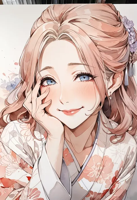  super high definition , detailed description,Watercolor, Line Art,beautiful 5fingers,beautiful hair,beautiful eyes,japanese wife,old milf,pursed mouth,hold your face,seductive smile,