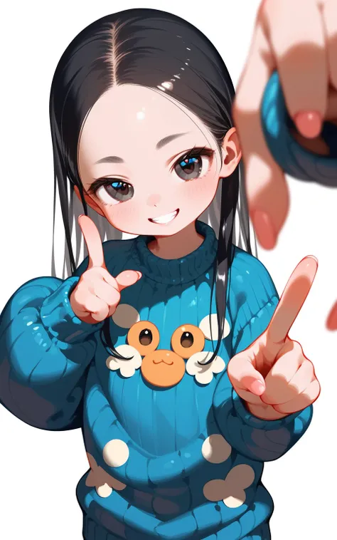 masterpiece,best quality,ultra-detailed,super detailed skin,perfect anatomy,detailed,beautiful detailed eyes,long hair,forehead,straight hair,black hair,black eyes,(loli:1.2),petite,flat chests,
sweater,naughty face, pointing, hand on hip, simple backgroun...