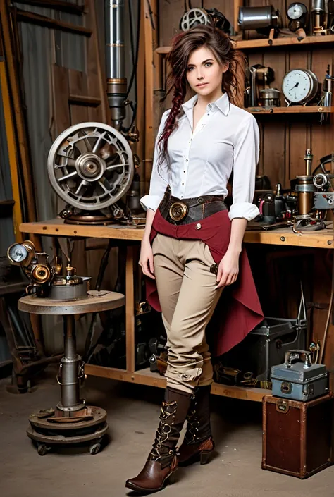 steampunk girl,  inventor in the workshop , leg prosthesis ,  loose shirt and ankle-length pants, disheveled hair 