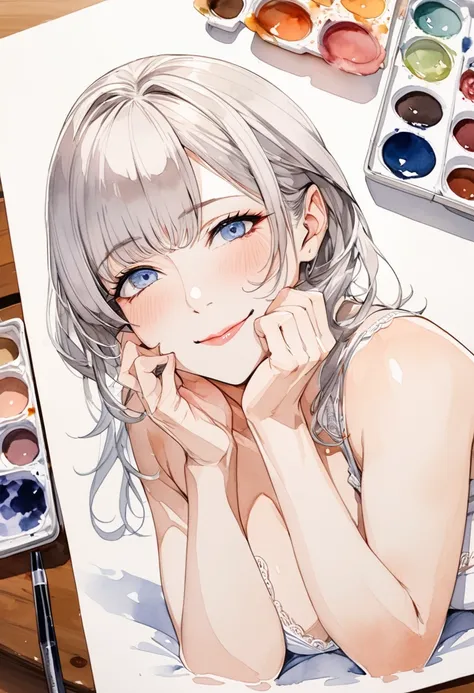  super high definition , detailed description,Watercolor, Line Art,beautiful 5fingers,beautiful hair,beautiful eyes,japanese wife,old milf,pursed mouth,hold your face,seductive smile,