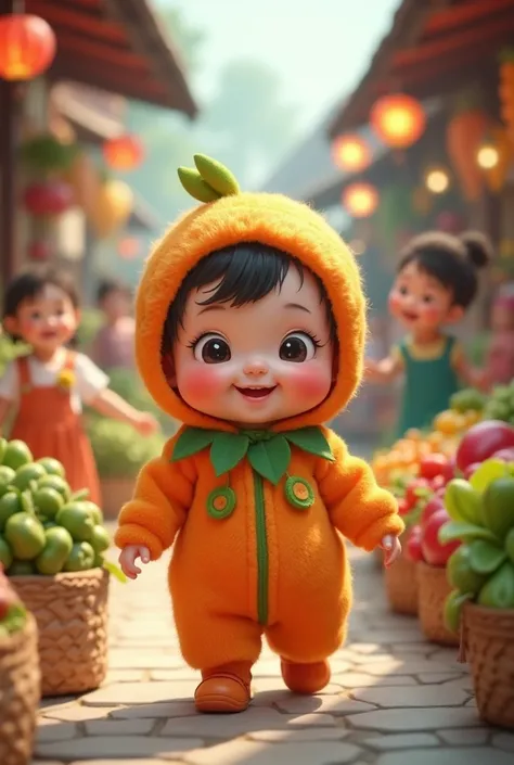 Here’s a detailed prompt for an AI video generator in English:  

"Generate a video of a chubby, adorable baby girl with plump cheeks and a cute, chubby body. She is wearing a colorful vegetable-themed costume, such as a bright green broccoli outfit or an ...