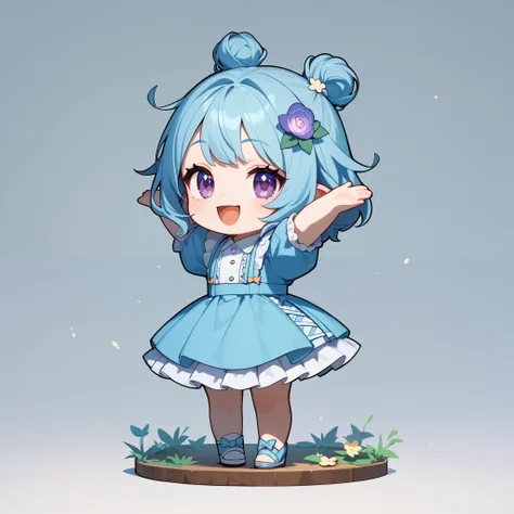  avatar of a chibi girl , Ash hair ,  purple eyes,  light blue dress with ruffles,  Masterpiece, high quality, kind eyes ,  looking at the spectator ,  full body, Arms up very happy