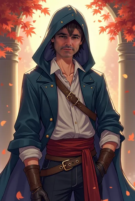 A waist-up illustration of a male fantasy RPG character, designed as a cheerful assassin. The art style should balance a playful and lighthearted tone with the intrigue of an assassins personality. He wears stylish medieval attire, featuring subtle hints o...