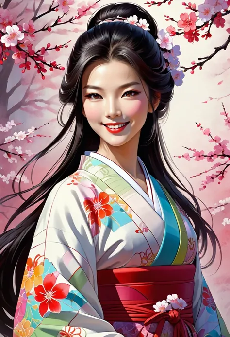 A wonderful illustration of a beautiful and pretty female samurai smile using chiaroscuro technique. The season is spring. Incomparable beauty. Smiling gently. The color of the kimono is white rainbow with a beautiful floral pattern. Spring day (((Long hai...