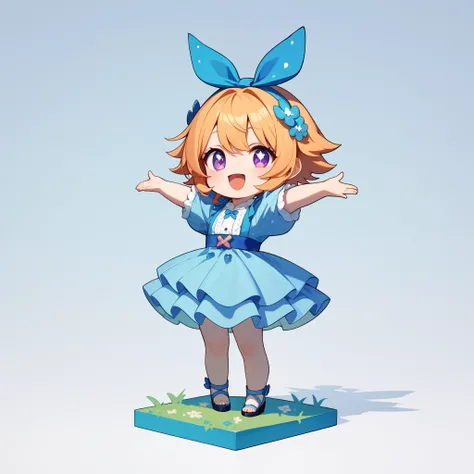  avatar of a chibi girl , Ash hair ,  purple eyes,  light blue dress with ruffles,  Masterpiece, high quality, kind eyes ,  looking at the spectator ,  full body, Arms up very happy, Ash hair 