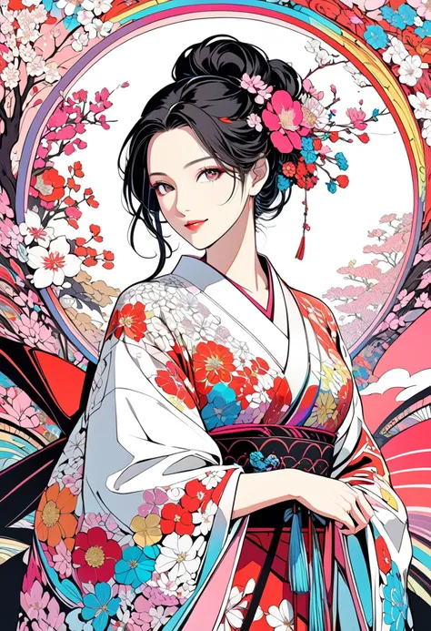 A wonderful illustration of a beautiful and pretty female samurai smile using chiaroscuro technique. The season is spring. Incomparable beauty. Smiling gently. The color of the kimono is white rainbow with a beautiful floral pattern. Spring day (((Long hai...