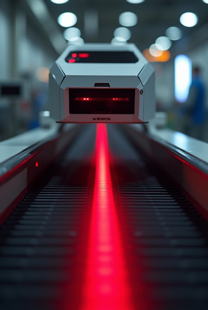 I want you to create a scanner device that sits on top of a conveyor belt ,  the belt is made of black rubber and the laser is red and is 1 meter above the belt projecting the light beam onto the belt