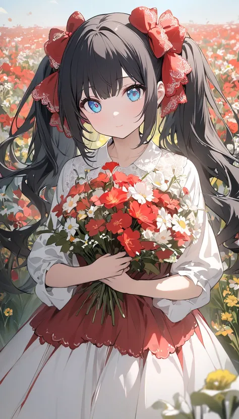 There is a  wearing a red and white dress and holding a bouquet of flowers.,  Girl in Flowers, Im picking flowers , Holding flowers, Picking flowers, Girl standing in a flower field, Girl standing in a flower field,  flowers blooming on the heirs cheeks,  ...