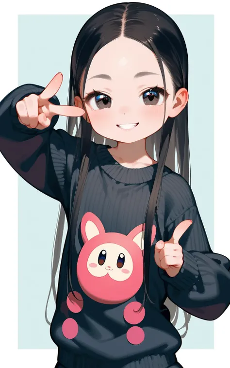 masterpiece,best quality,ultra-detailed,super detailed skin,perfect anatomy,detailed,beautiful detailed eyes,long hair,forehead,straight hair,black hair,black eyes,(loli:1.2),petite,flat chests,
sweater,naughty face, pointing, hand on hip, simple backgroun...