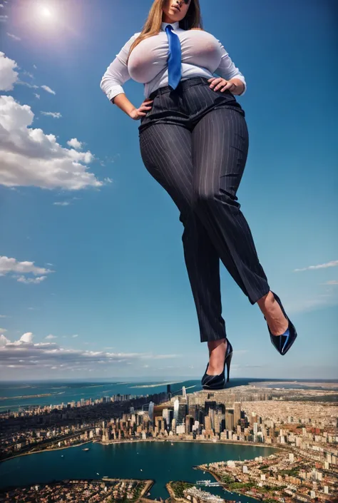 Giantess art, 100 miles tall giga giantess, sophisticated and stylish woman in a light grey italian pinstriped trouser suit, form fitting crisp white office shirt, and a large wide yellow necktie in a windsor knot, with a beautiful, curvaceous figure, larg...