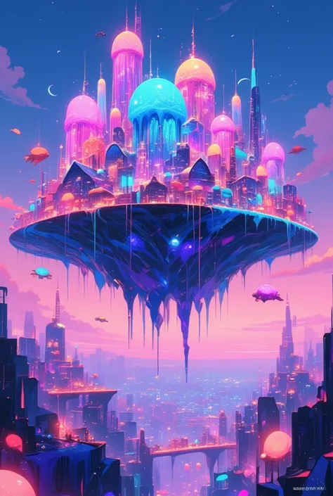 A floating city entirely made of jelly, glowing in vibrant neon hues, suspended in a twilight sky. The city features buildings with wobbly, translucent walls, some shaped like jellyfish with glowing tendrils. Roads are thin streams of sparkling liquid conn...