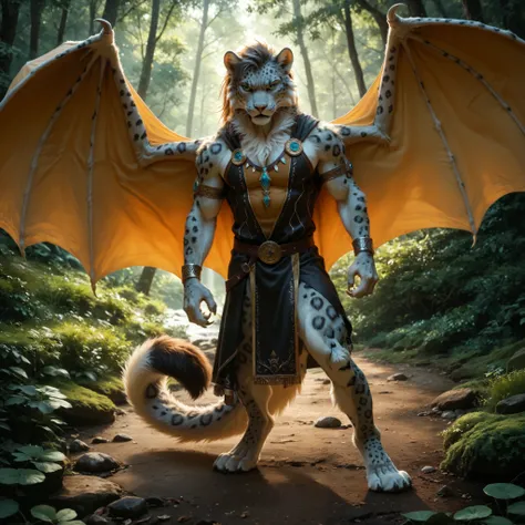 score_9, score_8_up, score_7_up, score_6_up, detailed background, full body, anthro snow leopard fighter, with very large dragon-wings, stands upright and straight, shoulders back, front view, angry look, detailed fur, solo, high quality, furred body, fluf...