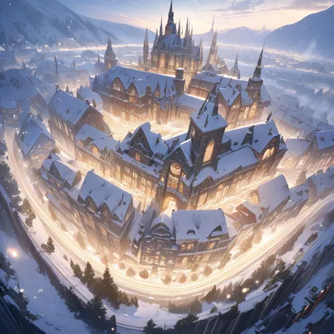  top quality, masterpiece,  high definition ,  very detailed,  High Details,  landscape painting, Christmas,A city full of fantastic illuminations,Powder snow falls