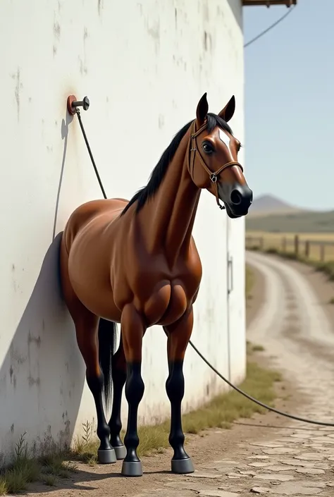 Create the realistic image of a horse tied to a nail on a white wall at the foot of an OLD rural road