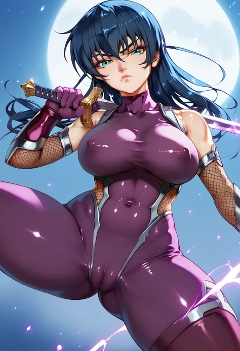     
Igawa_Asagi, dark blue hair, long hair, hair between eyes, aqua eyes, large breasts,asagi suit, ninja, bodysuit, purple bodysuit, fishnets, covered collarbone, gloves, skin tight, covered nipples, bare shoulders, elbow gloves, shiny clothes,score_9, s...